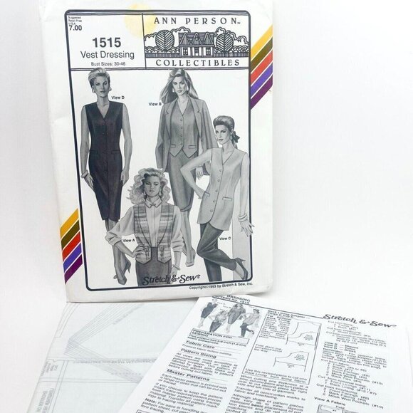 Ann Person # 1515 vest size 30in-46in Stretch & Sew 1993 Uncut Sewing Pattern 🧵 - Picture 1 of 5